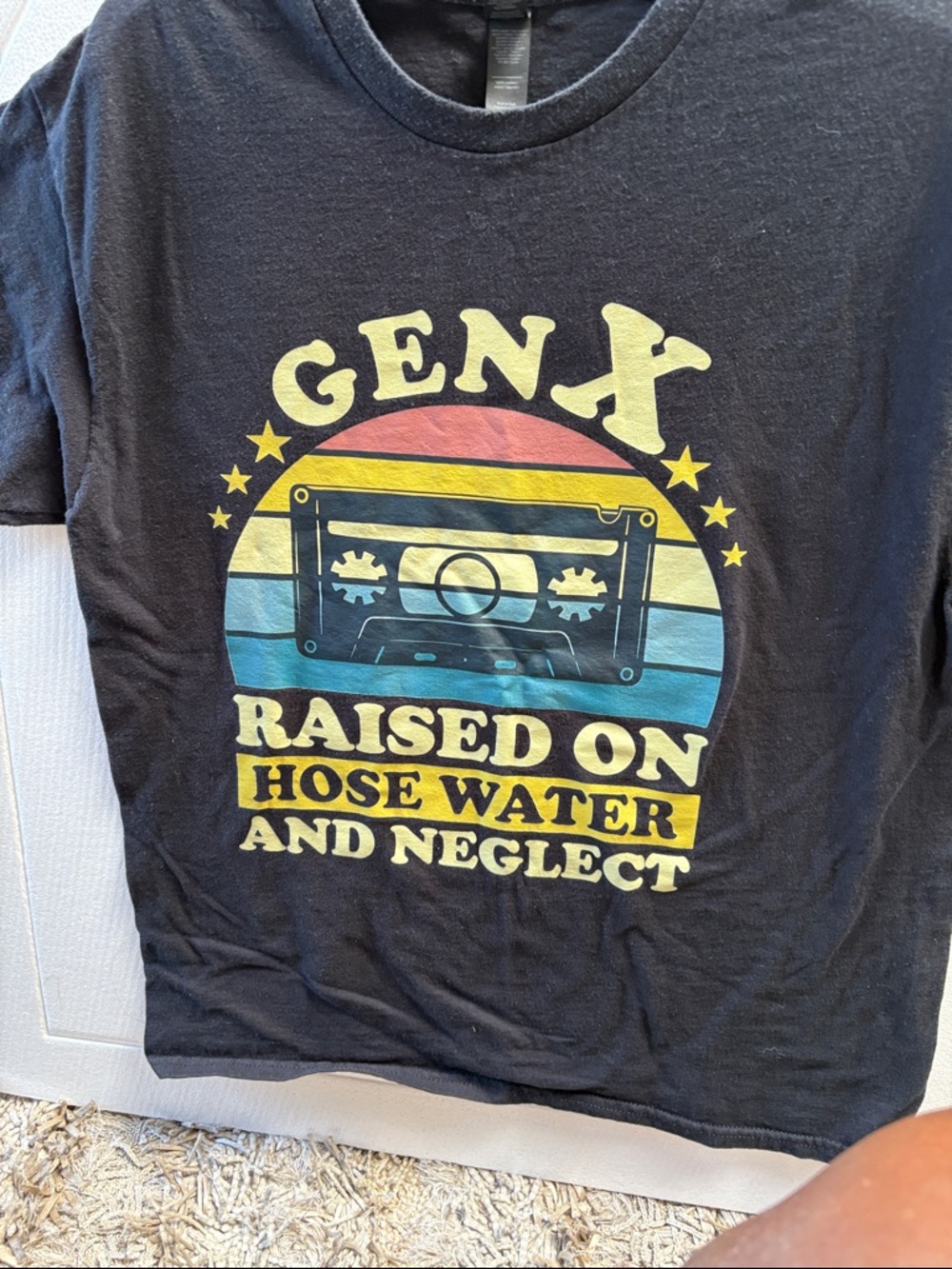 Gen X Graphic Tee - Black with Retro Yellow, Pink & Blue Print